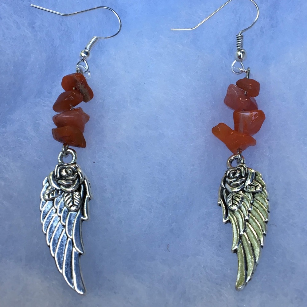 Red Fire Agate Silver Angel Wing Dangle Earrings - Picture 7 of 8